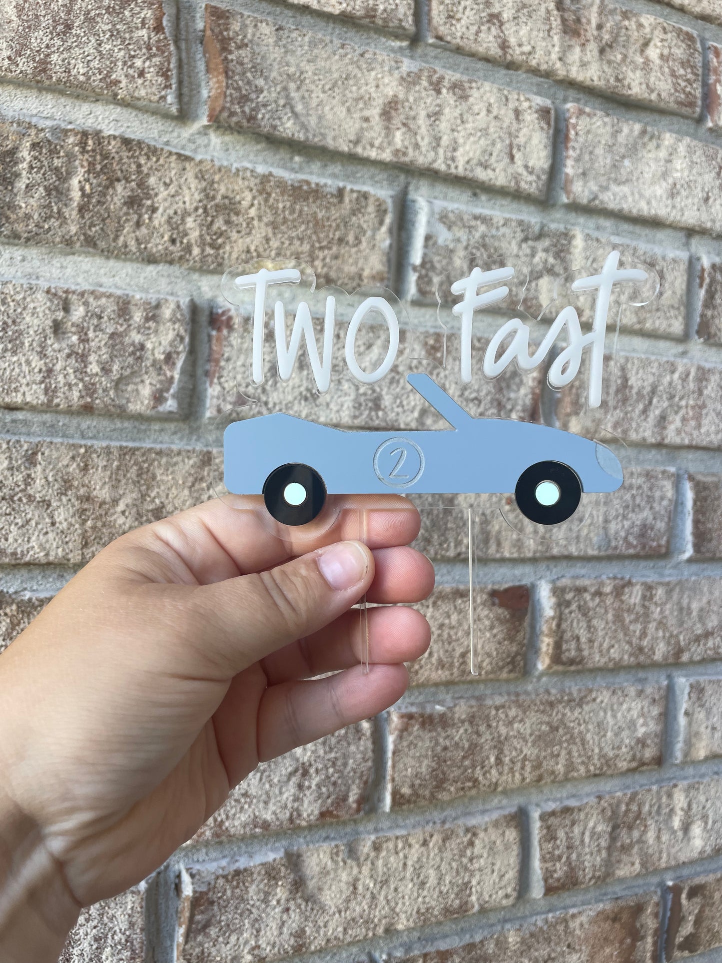 Two Fast Race Modern Race Car Cake Topper with Prongs 